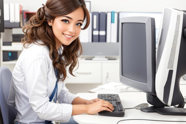 Foto retrato de uma jovem empresária feliz e sorridente trabalhando com computador no escritório