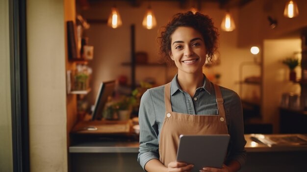 Foto retrato de uma jovem empresária feliz sorrindo em um café