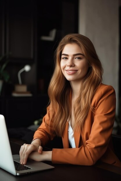 Retrato de uma jovem empresária feliz trabalhando em um laptop em casa criado com generative ai