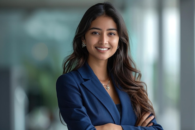 Retrato de uma jovem empresária indiana confiante de pé no escritório em um terno de negócios azul Gerente corporativo de sucesso posando para a câmera com os braços cruzados sorrindo alegremente