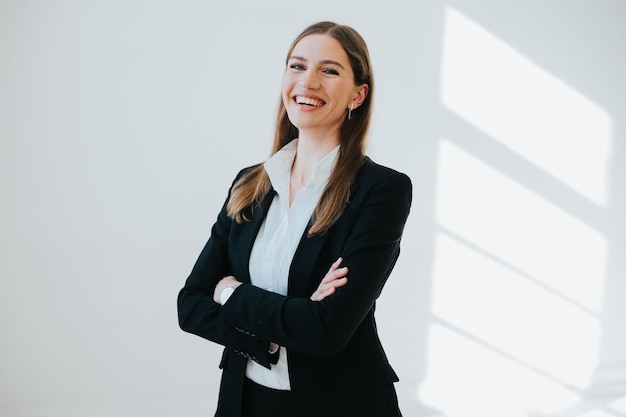 Foto retrato de uma jovem empresária sorridente de pé contra a parede