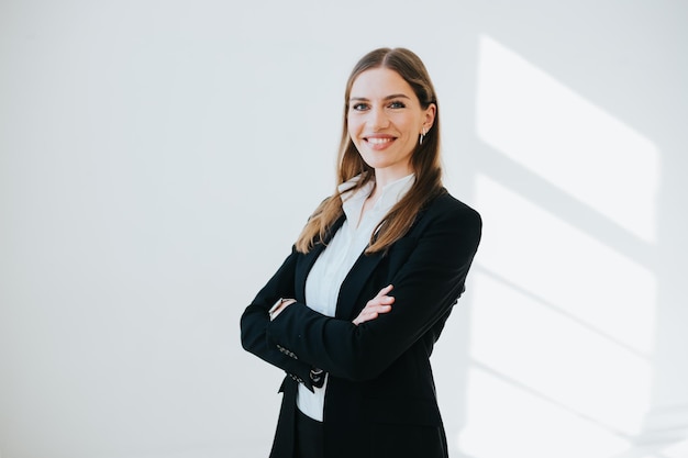 Retrato de uma jovem empresária sorridente de pé contra um fundo branco