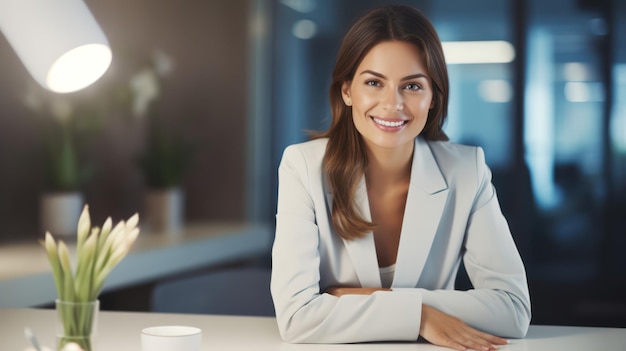 Retrato de uma jovem empresária sorridente e feliz sentada à mesa no escritório