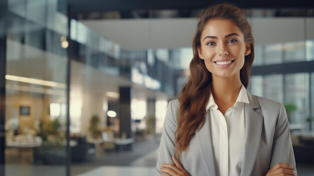 Retrato de uma jovem empresária sorridente num escritório moderno