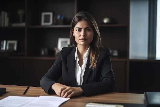 Retrato de uma jovem empresária trabalhando em sua mesa em um escritório criado com IA generativa