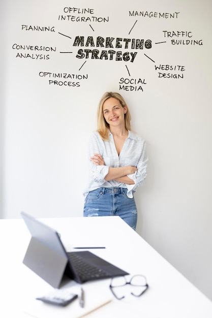 Foto retrato de uma jovem empresária usando um laptop enquanto está de pé contra um fundo branco