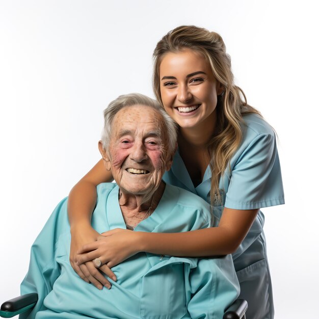 Retrato de uma jovem enfermeira cuidando de um fundo branco feliz