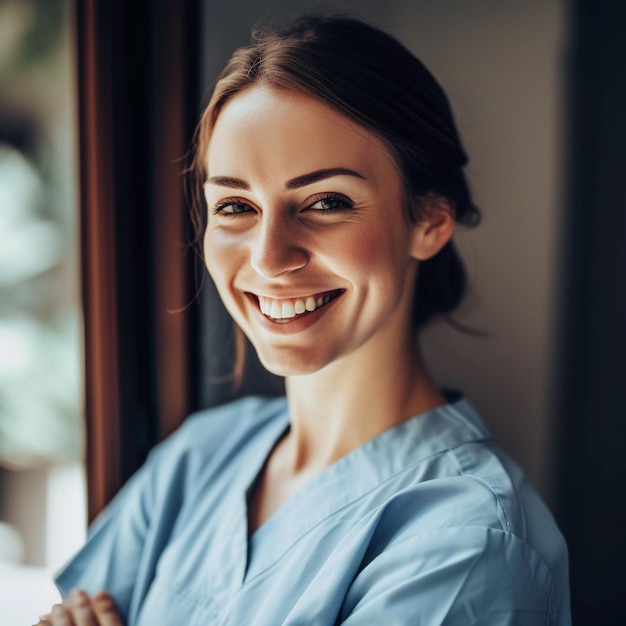 Retrato de uma jovem enfermeira sorridente de pé perto da janela