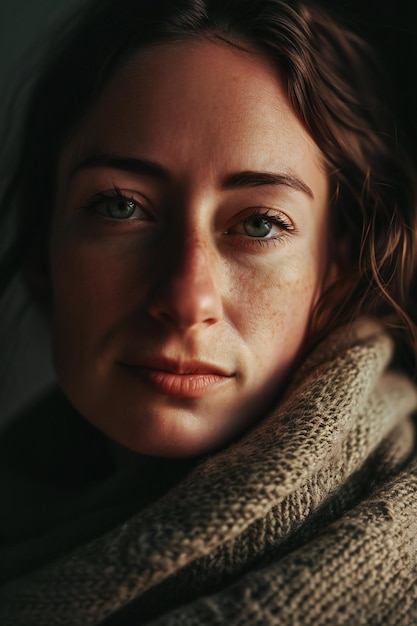 Foto retrato de uma jovem envolta em um lenço quente e olhando para a câmera