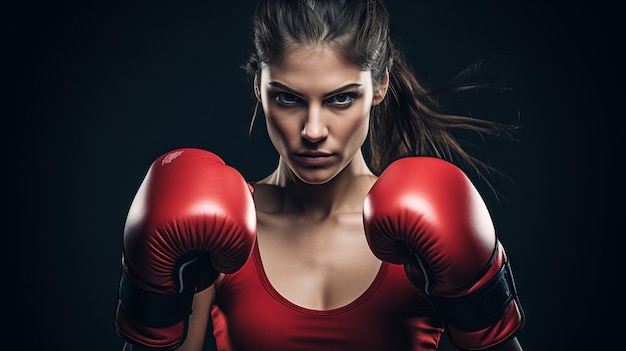 Retrato de uma jovem esportiva com luvas de boxe vermelhas IA generativa