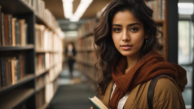 Foto retrato de uma jovem estudante árabe segurando livros em uma biblioteca
