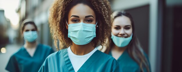 Foto retrato de uma jovem estudante de enfermagem de pé com sua equipe no hospital, vestida com roupão, estagiária de médico.