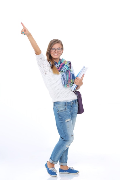 Retrato de uma jovem estudante segurando livros de exercícios Student University