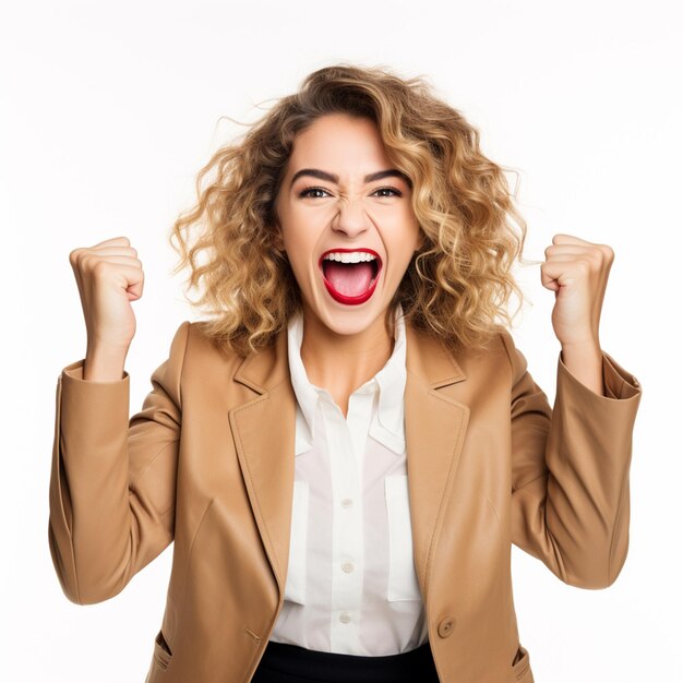 Retrato de uma jovem excitada celebrando o sucesso isolada em um fundo branco