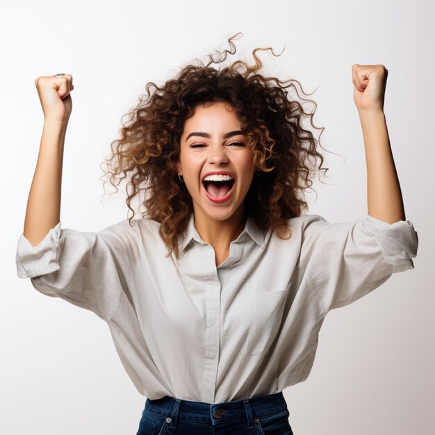 Retrato de uma jovem excitada celebrando o sucesso isolada em um fundo branco