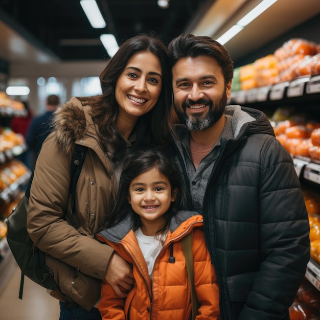 Retrato de uma jovem família indiana feliz em uma mercearia ou supermercado