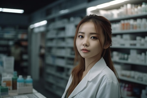 Retrato de uma jovem farmacêutica asiática em pé na farmácia