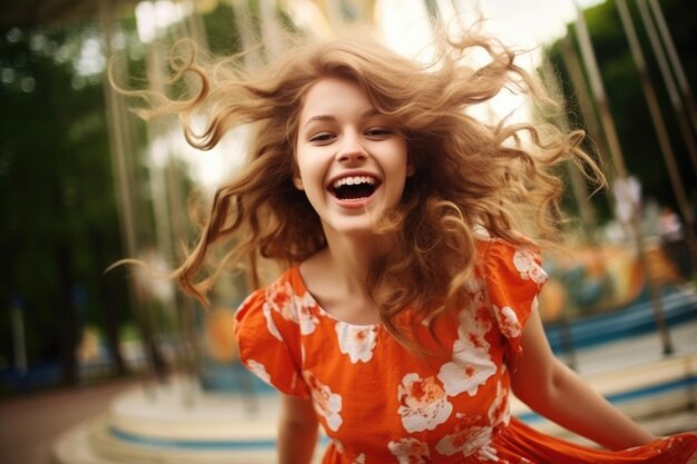 retrato de uma jovem feliz andando no parque no verão
