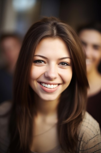 Retrato de uma jovem feliz com seus amigos ao fundo