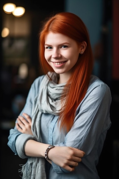 Retrato de uma jovem feliz em pé com os braços cruzados criados com ai generativa