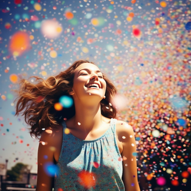 retrato de uma jovem feliz em um vestido colorido com confete no fundo do céu de verão wi
