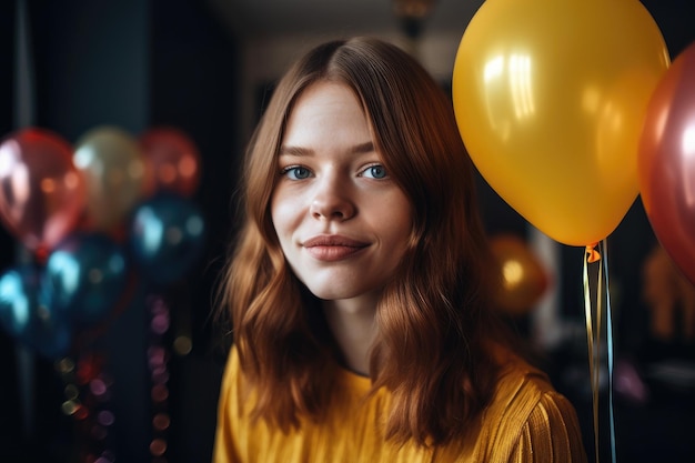 Retrato de uma jovem feliz em uma festa de aniversário criada com IA generativa