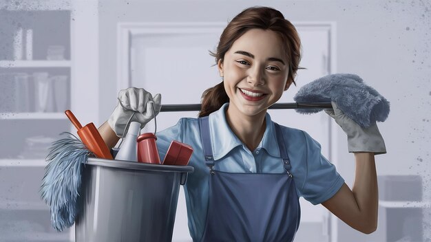 Foto retrato de uma jovem feliz limpando a senhora em uniforme com um balde de suprimentos de limpeza