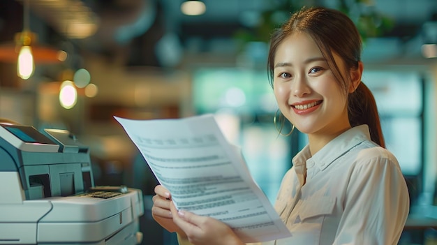 Retrato de uma jovem feliz mulher de negócios trabalhando em um escritório Ela está segurando um documento para copiar por impressora a laser