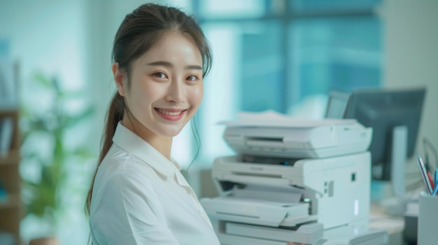 Retrato de uma jovem feliz mulher de negócios trabalhando em um escritório Ela está segurando um documento para copiar por impressora a laser