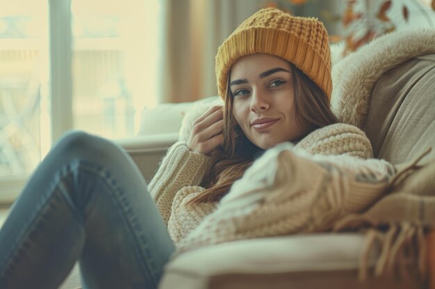 Retrato de uma jovem feliz relaxando em casa