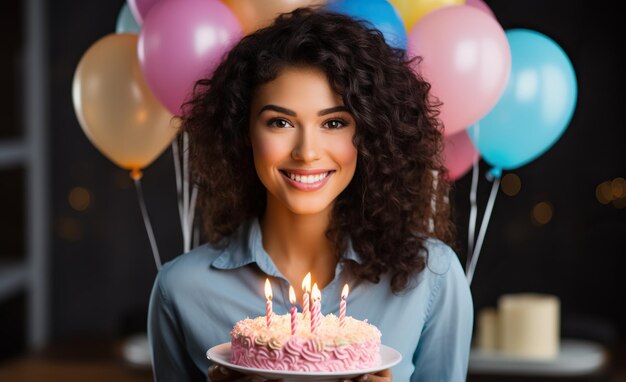 Foto retrato de uma jovem feliz segurando um bolo de aniversário com velas e balões