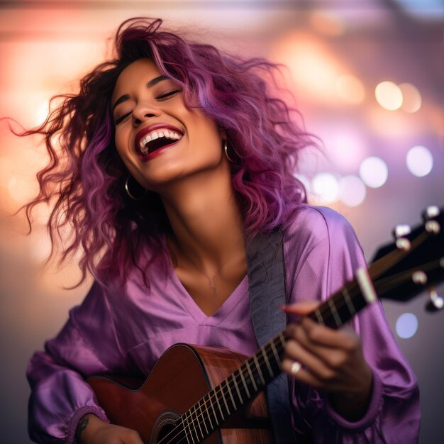 Foto retrato de uma jovem feliz tocando guitarra em um fundo de luzes borradas