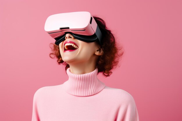 Foto retrato de uma jovem feliz usando óculos de realidade virtual do metaverso.