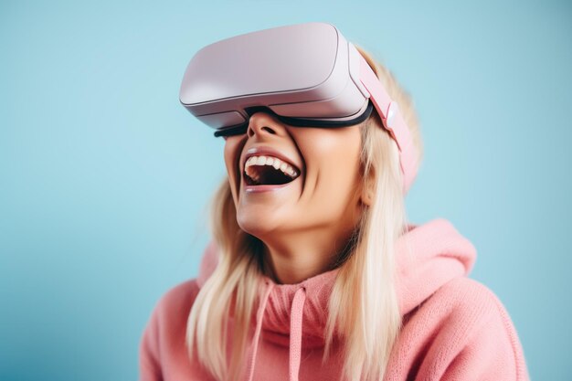 Retrato de uma jovem feliz usando óculos VR de realidade virtual do metaverso IA geradora