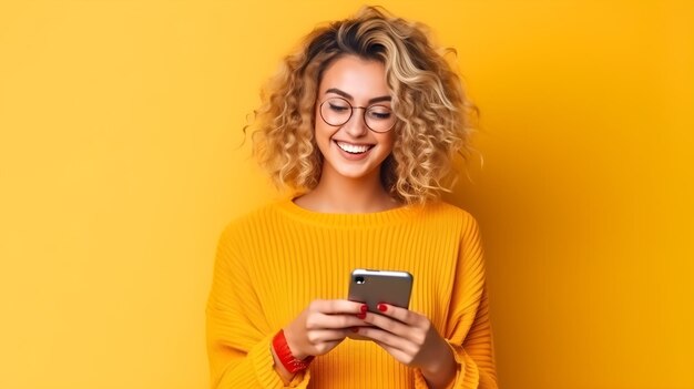 Retrato de uma jovem feliz usando telefone celular sobre fundo amarelo com copyspace