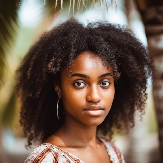 Retrato de uma jovem garota Seychelles extremamente bonita com fundo tropical