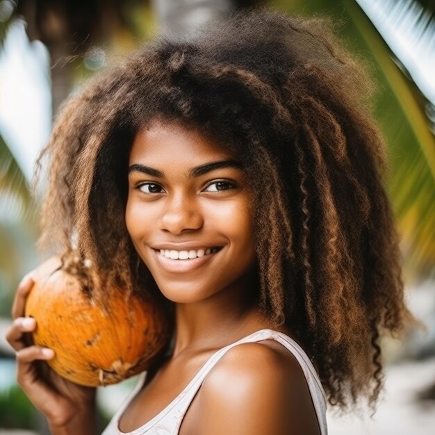 Retrato de uma jovem garota Seychelles extremamente bonita com fundo tropical