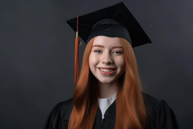 Retrato de uma jovem graduada feliz usando seu chapéu de formatura criado com ai generativa