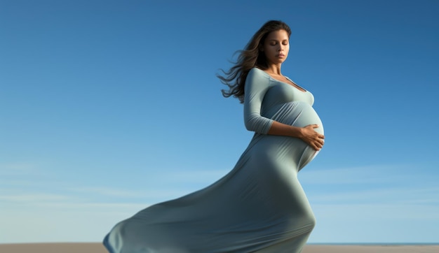 Retrato de uma jovem grávida de mãos dadas na barriga Copiar expectativa de espaço