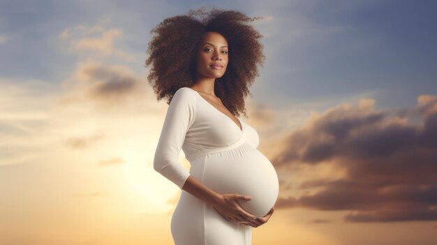 Retrato de uma jovem grávida de mãos dadas na barriga Copiar expectativa de espaço