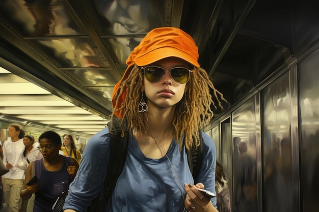 Retrato de uma jovem hippie na estação de metrô gerada por IA