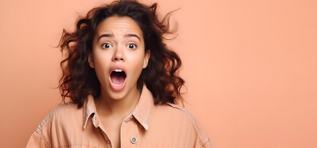 Retrato de uma jovem indiana muito feliz e chocada, inacreditável olhando para a câmera e espalhando as mãos isolado no fundo publicidade generativa ai