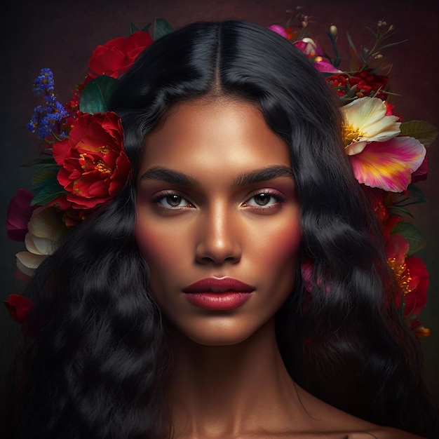 Retrato de uma jovem indiana sensual com flores no cabelo Generative AI