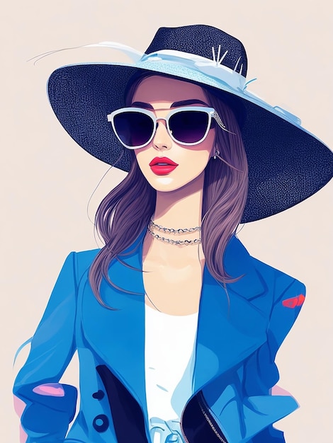 Foto retrato de uma jovem linda com um chapéu de moda e grandes óculos de sol ilustrador de moda elegante