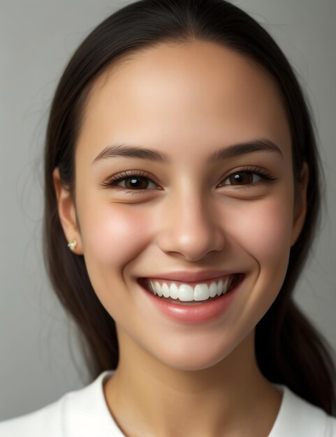 Retrato de uma jovem linda e alegre garota sorrindo com dente branco