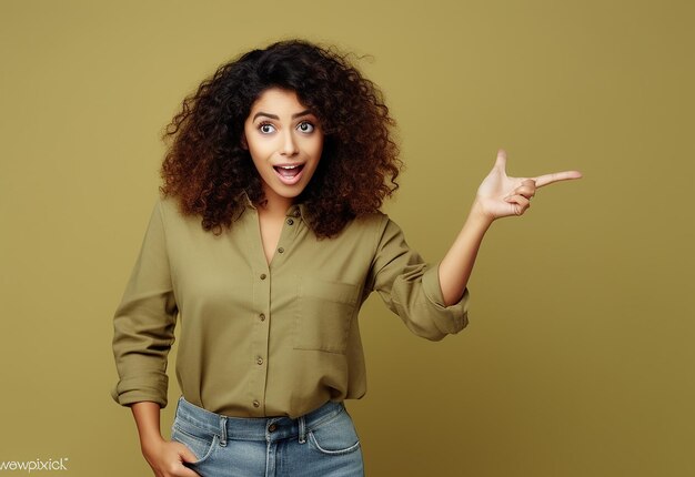 Foto retrato de uma jovem linda mulher chocada e apontando a mão para copiar o espaço