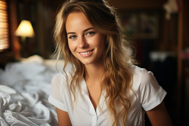 retrato de uma jovem linda mulher com uma camisa branca no quarto dela