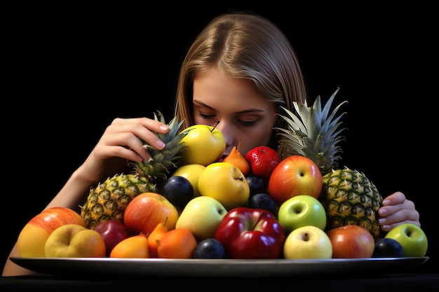 Retrato de uma jovem linda rodeada de frutas