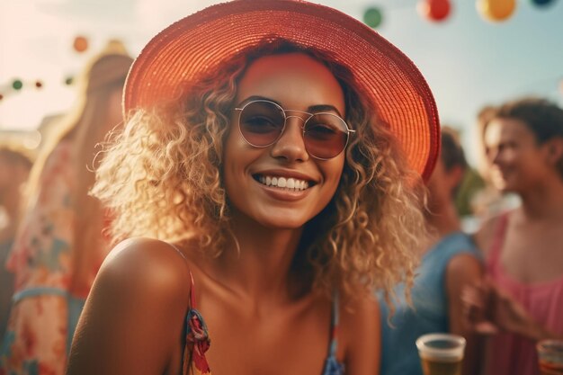 Retrato de uma jovem linda sorridente em uma festa de verão