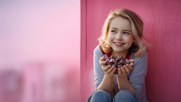 Retrato de uma jovem linda sorridente posando isolada sobre uma parede rosa segurando doces de chocolate dr